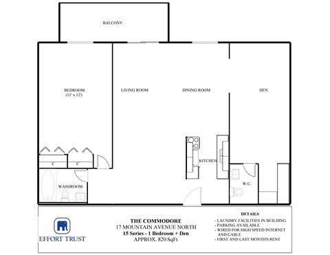 Floor plan for 1 bed, 1 bath, 760 sqft